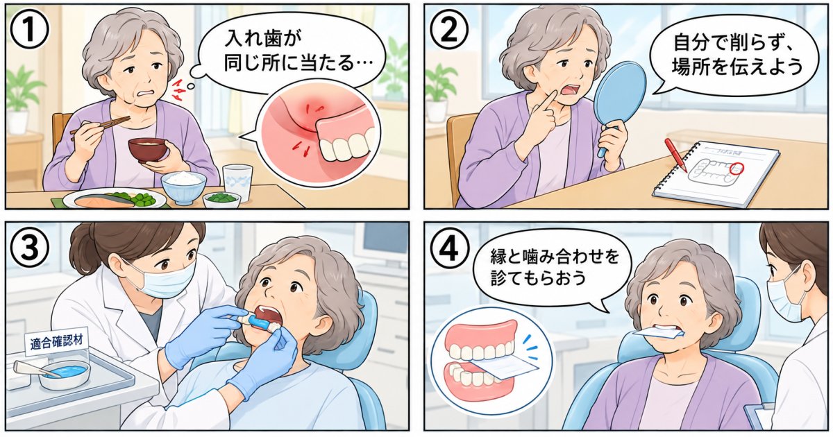 入れ歯が当たり歯ぐきに傷ができたら?原因と調整・受診の目安